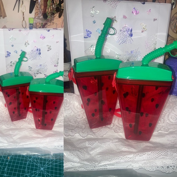 Cute Watermelon Tumbler Water Bottle w/ Straps & Straw Portable Cup Travel Flask - Picture 3 of 3